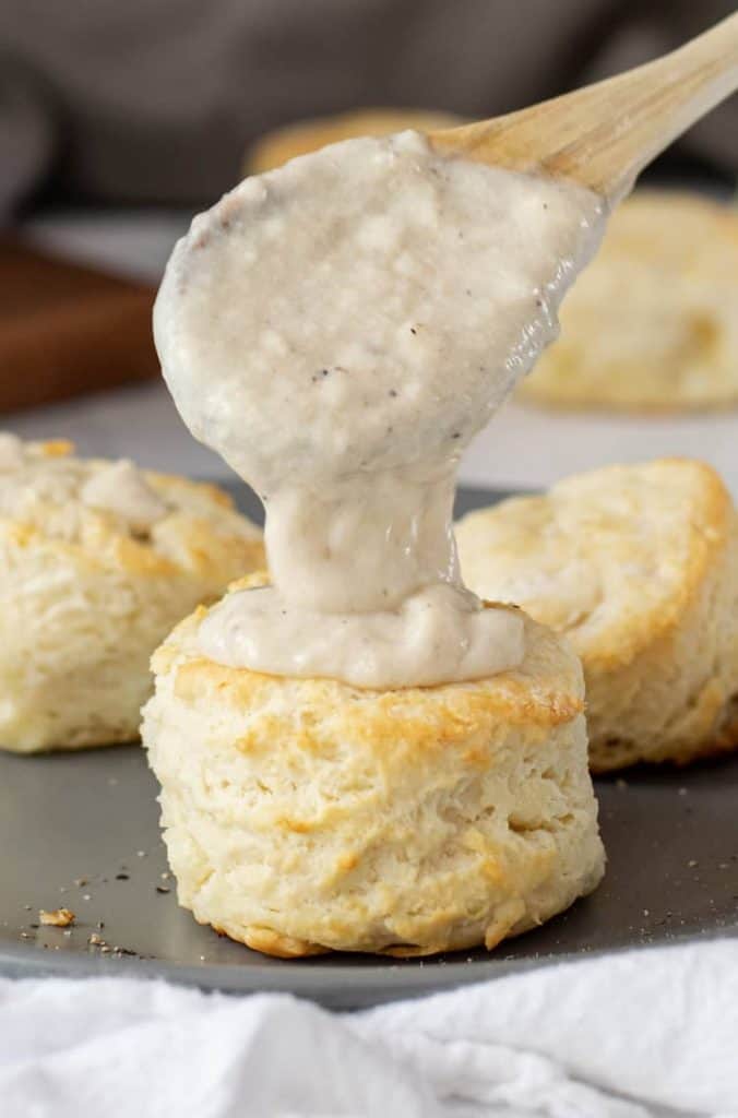 Gravy over homemade biscuits