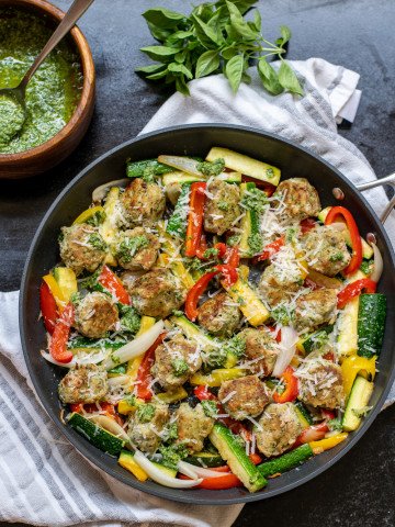 pan of pesto chicken meatballs