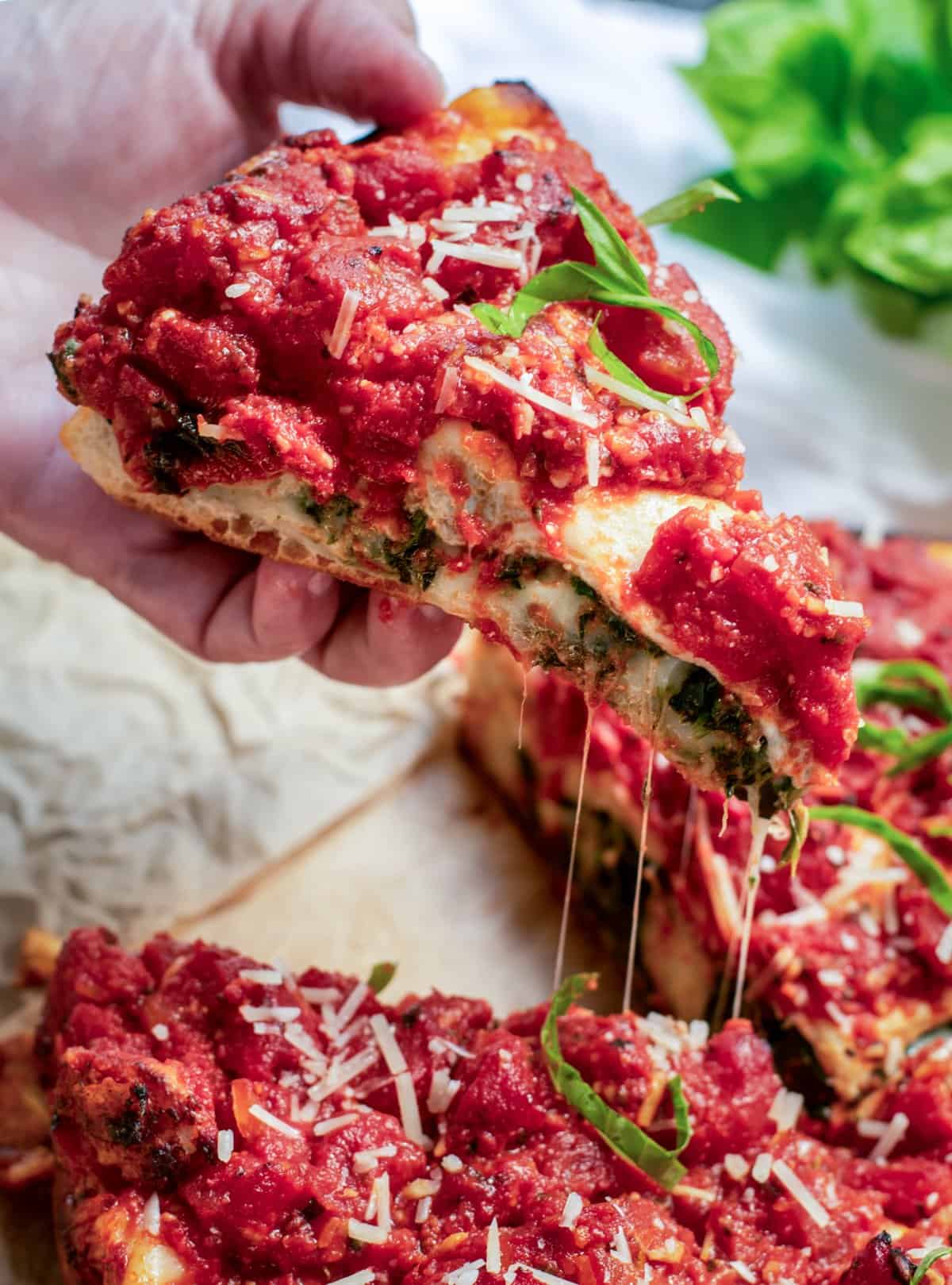 slice of melty cheese stuffed pizza
